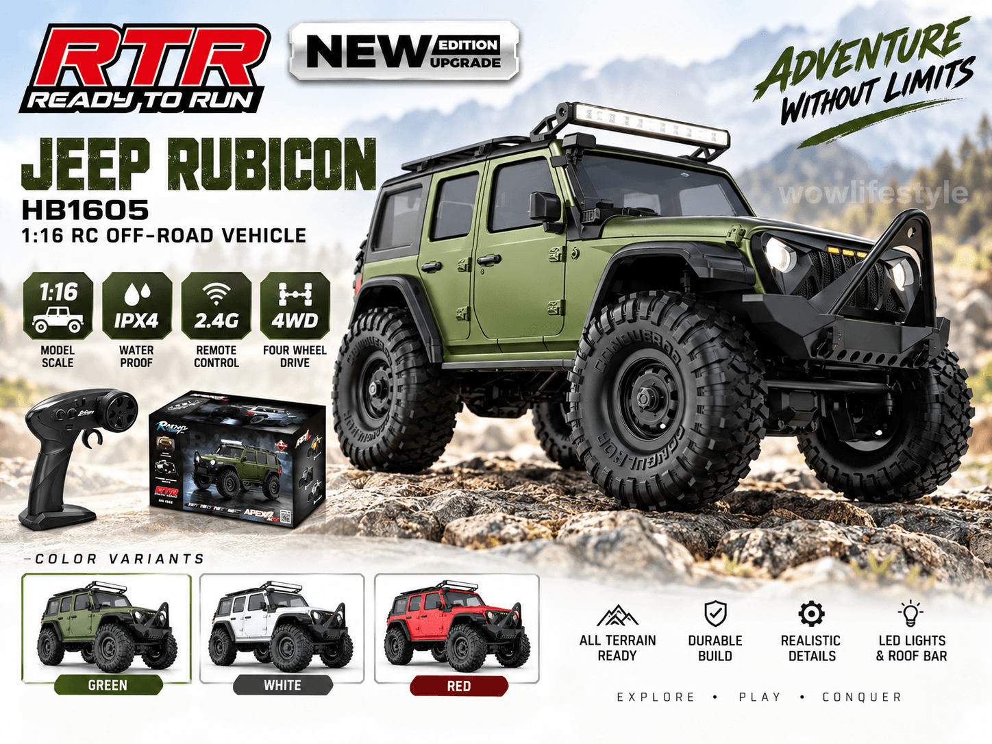 HB Toys Jeep Rubicon 1:16 RC Rock Crawler — 4WD, IPX4, 2.4GHz, RTR — view 3