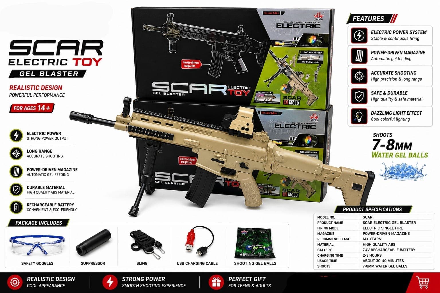 SCAR Electric Gel Blaster — Full Size, 14+