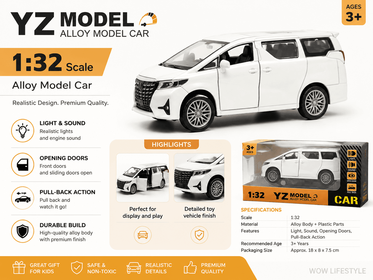 YZ Model 1:32 Alloy Minivan — Light, Sound, Opening Doors, Pull-Back, 3+