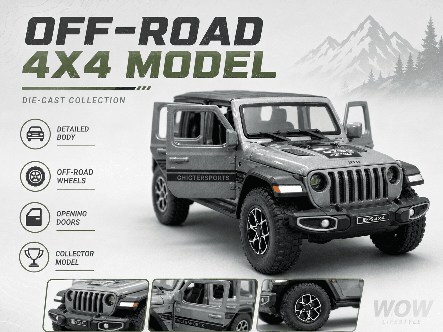 4x4 Off-Road Diecast SUV — Sage Green, Opening Doors — view 5