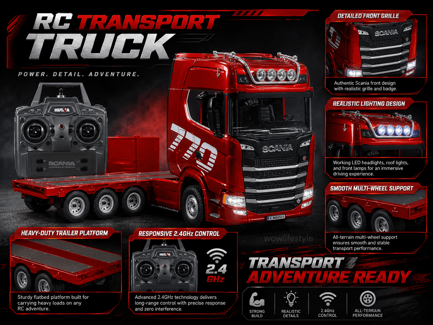 Huina 1501 Scania 770S 1:18 RC Tractor + Flatbed Trailer – 19CH, RTR