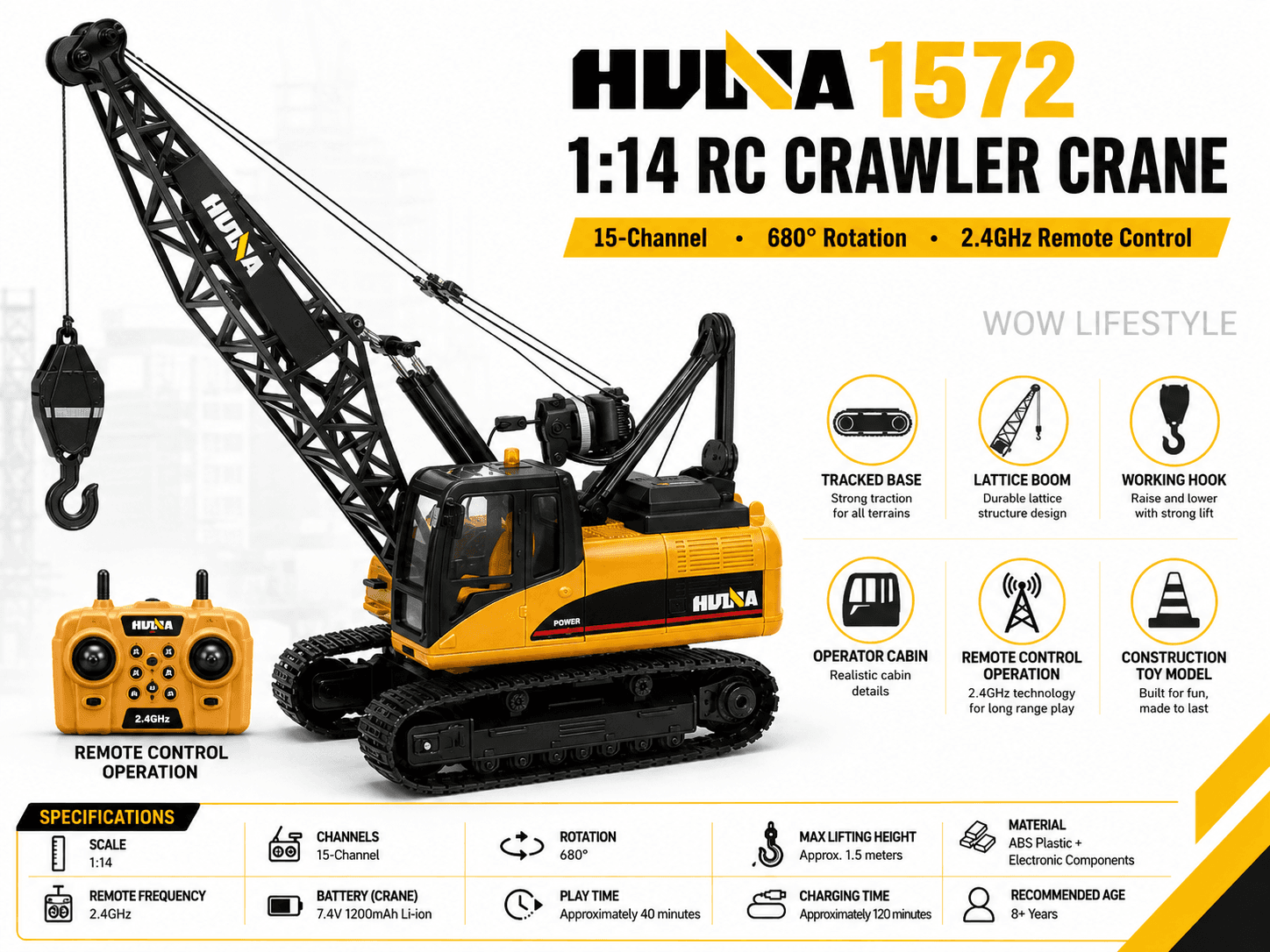 HUINA 1572 1:14 RC Crawler Crane — 15-Channel, 680° Rotation