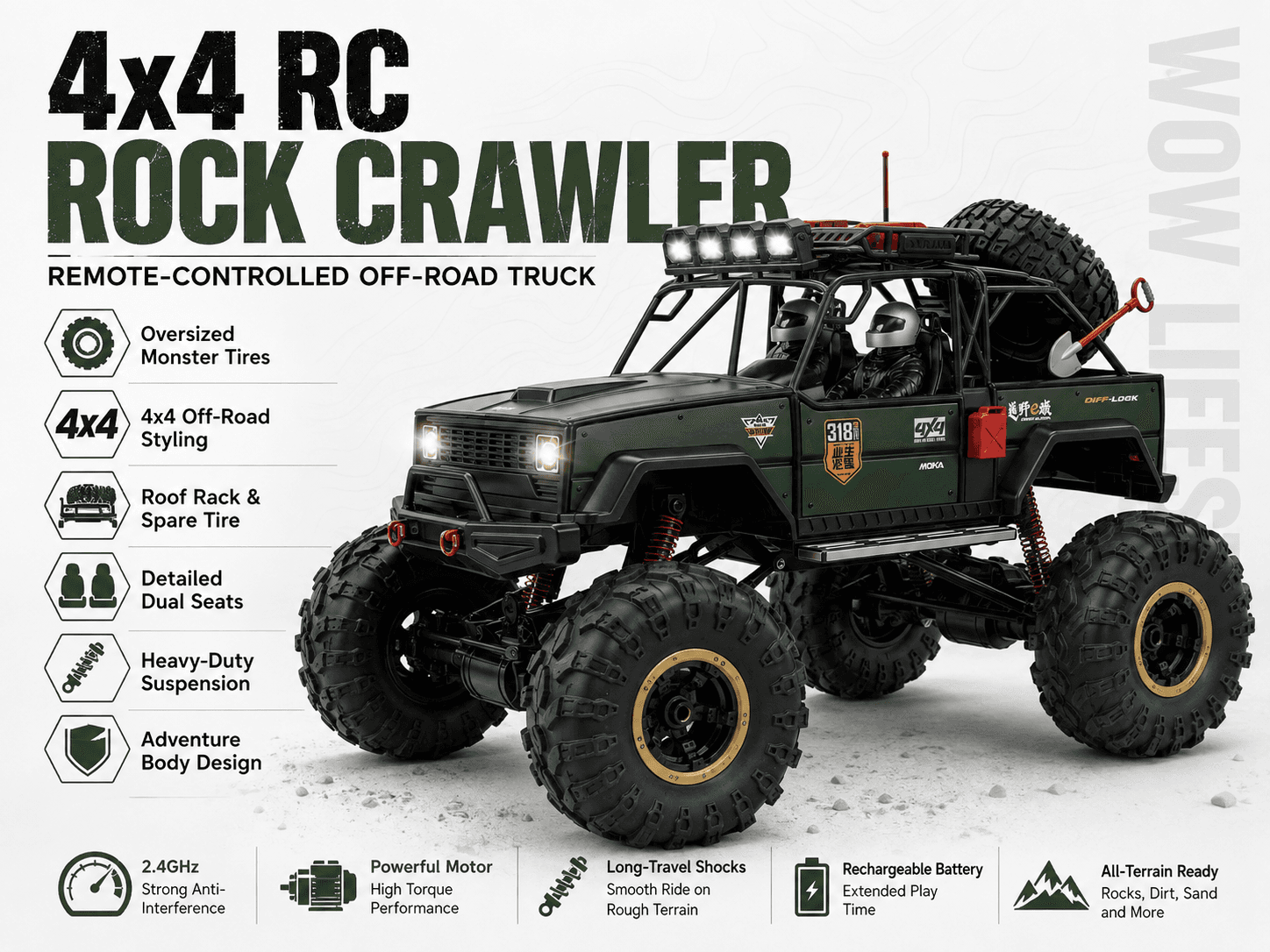 MOKA 4x4 Rock Crawler 1:8 — Dark Green, LED Light Bar
