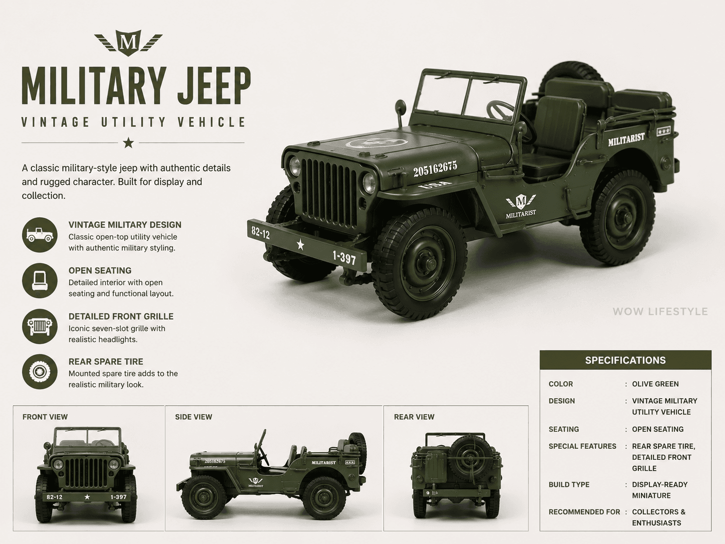 Militarist 1:18 Willys WWII Diecast Jeep — Army Green
