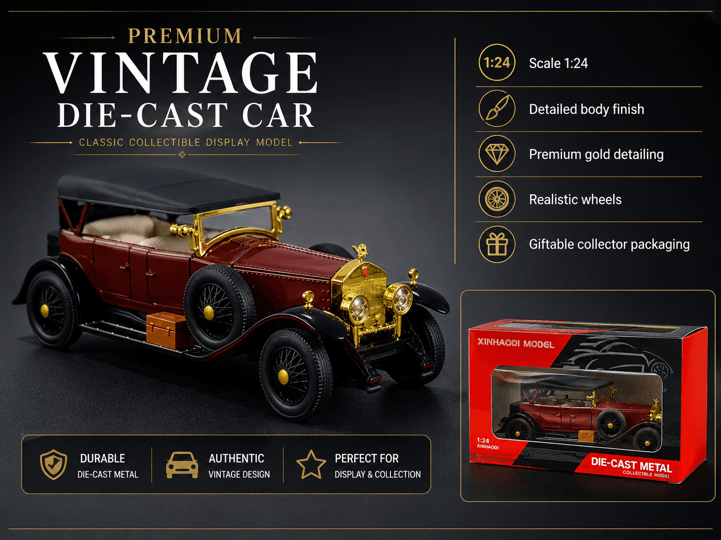 Xinhaodi 1:24 Phantom Generation Vintage Car — Wine Red