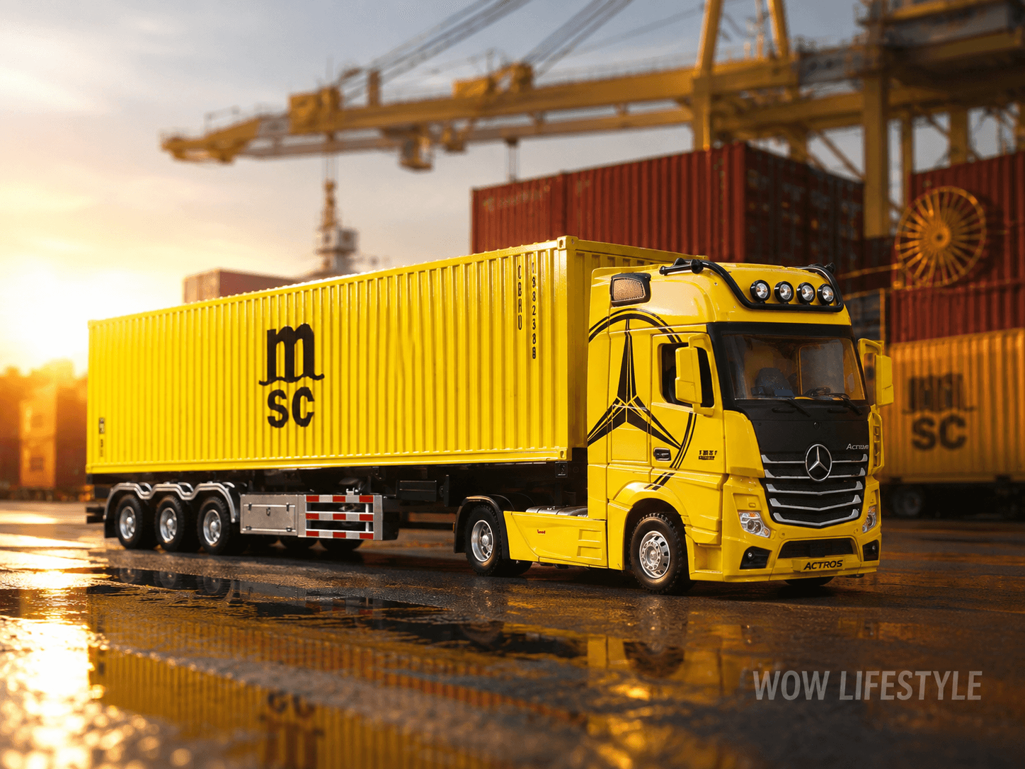 Mercedes-Benz Actros MSC Container Truck, 1:64 Diecast (Bright Yellow) — view 6