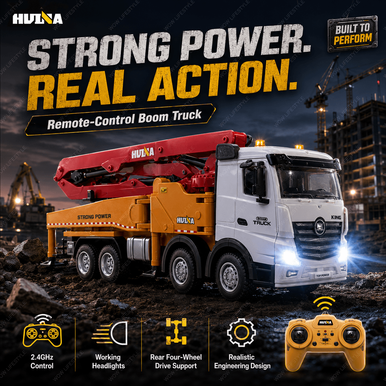 HUINA 1381 1:18 11-Channel RC Concrete Pump Truck — Water Spray