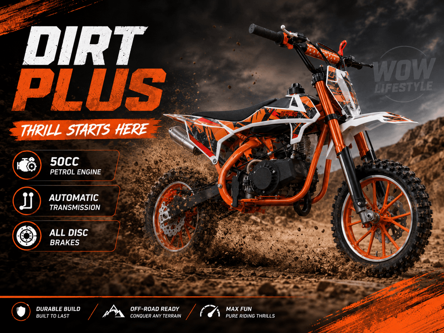 Dirt Plus 50cc 2-Stroke Petrol Kids Dirt Bike — Orange — view 1