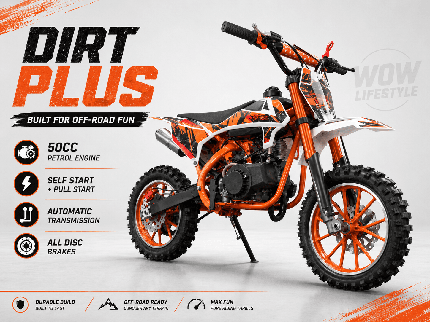 Dirt Plus 50cc 2-Stroke Petrol Kids Dirt Bike — Orange — view 6