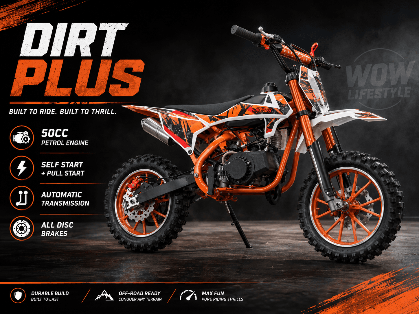 Dirt Plus 50cc 2-Stroke Petrol Kids Dirt Bike — Orange — view 7