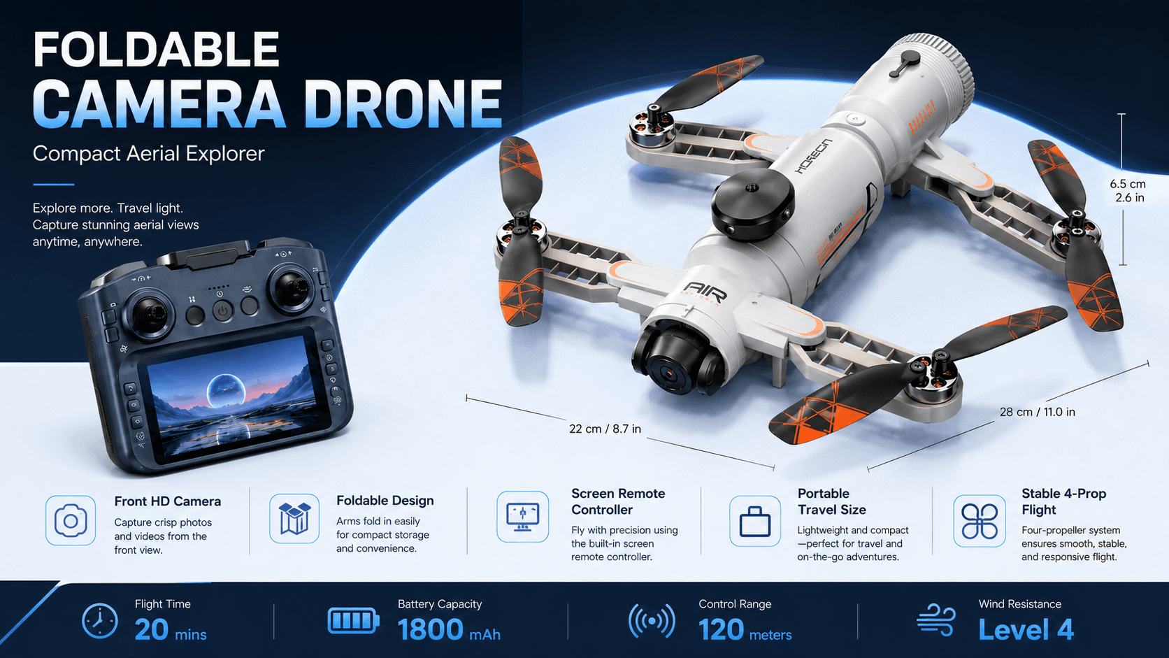 SHRC AE22 WiFi FPV Camera Drone with 4.3-inch LCD Controller — White — view 6