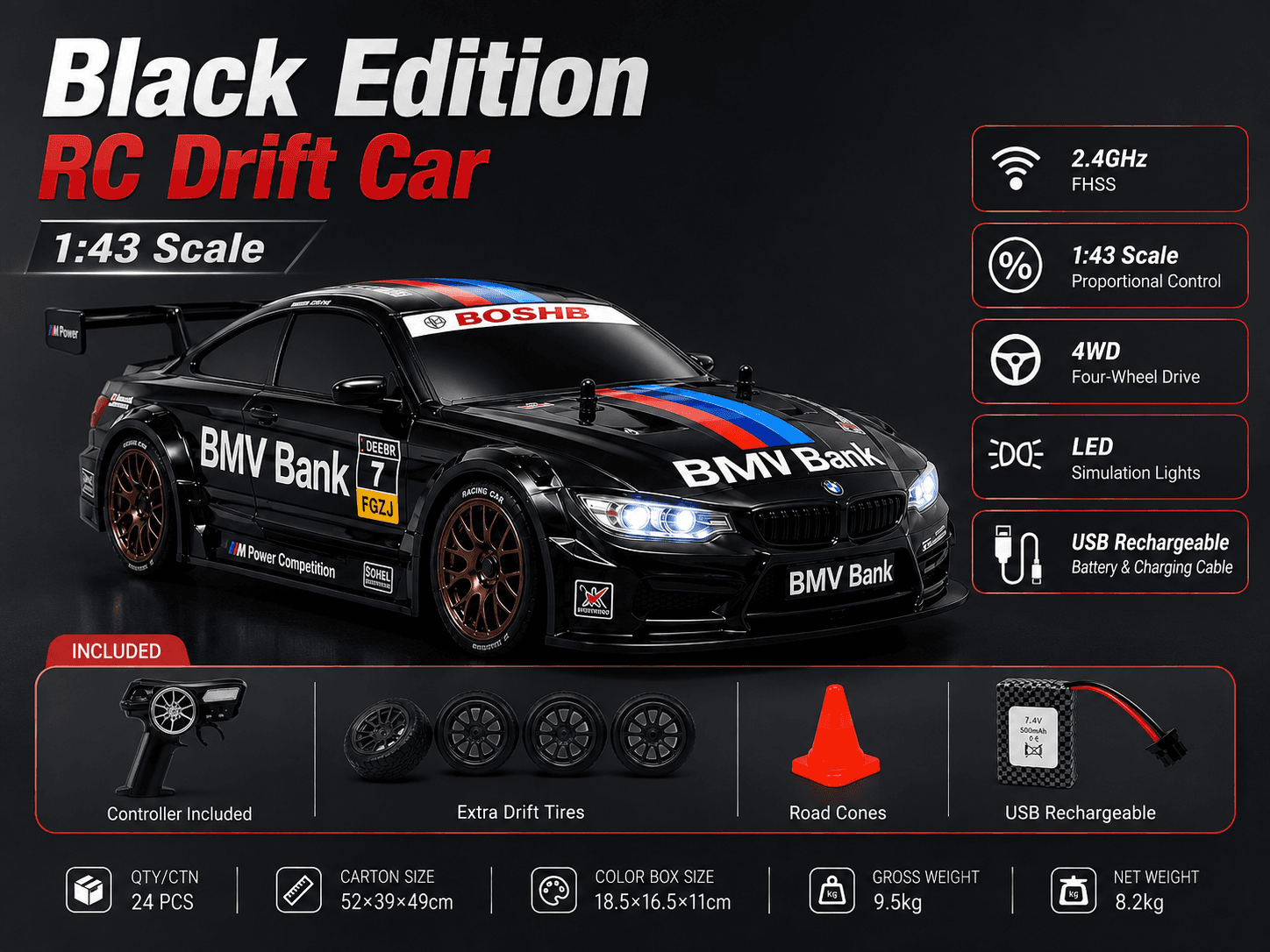 M-Racing BMW M4 GT 4WD RC Drift Car — Tri-Colour M-Power Livery #5, 2.4 GHz, 14+ — view 1