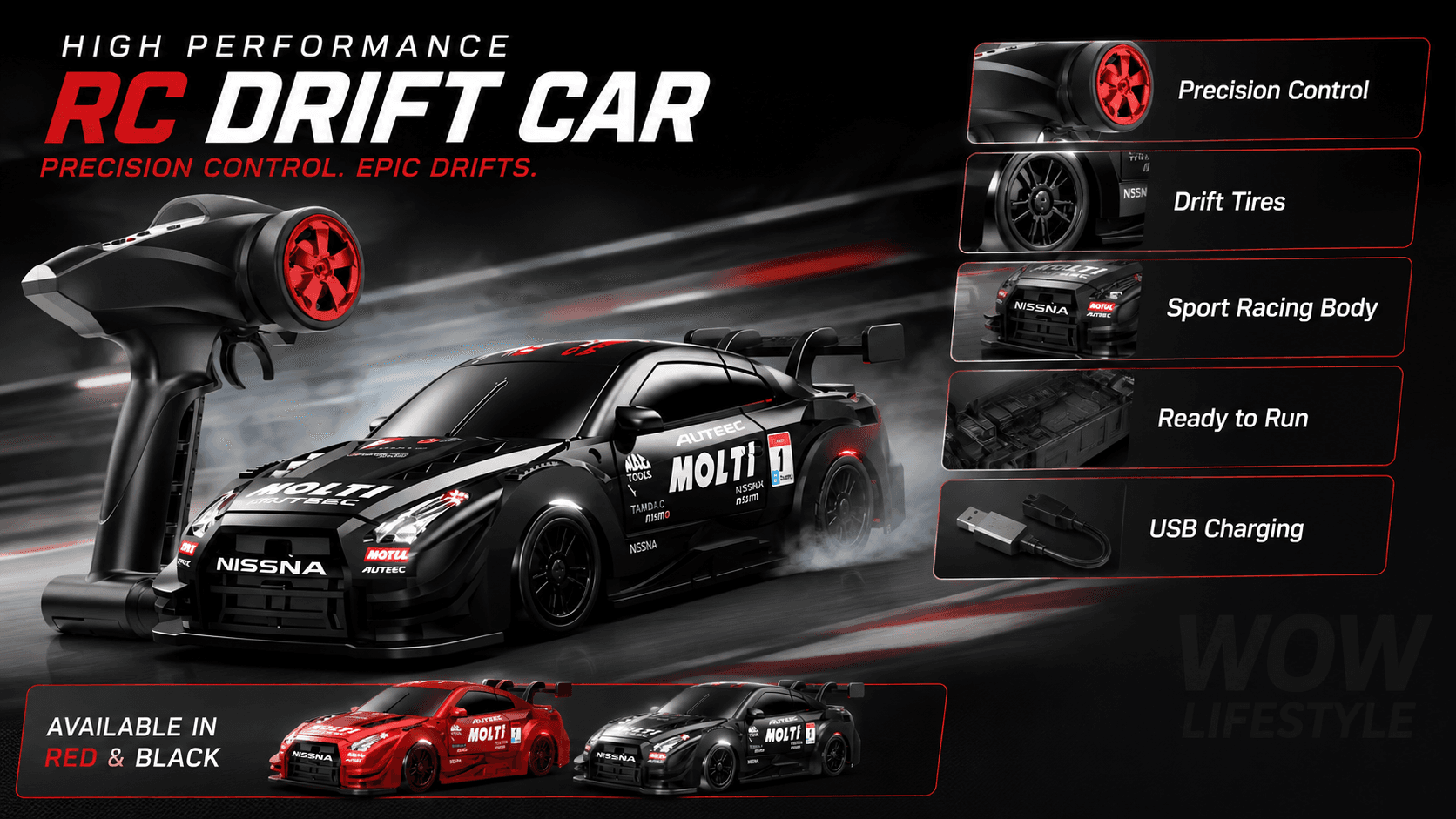 MOLTI Nissan GT-R 4WD RC Drift Car — 2.4 GHz Pistol Grip, Black / Red 2 Colours, 14+ — view 4
