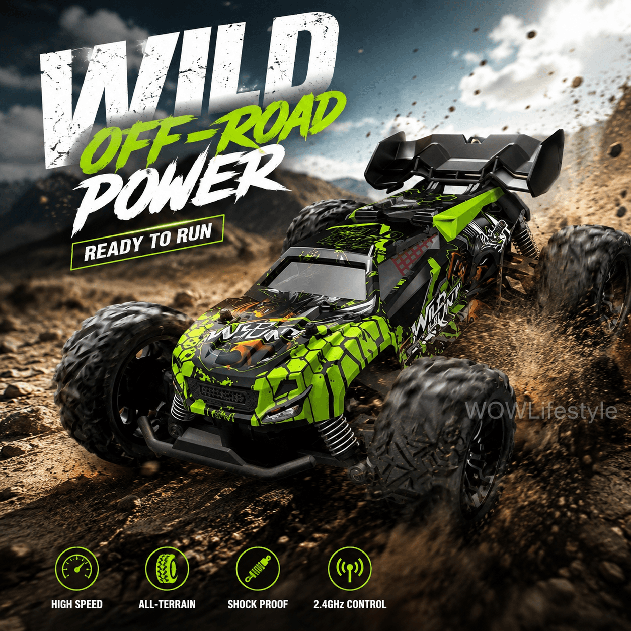 Wild Hunt S767E 1:20 4WD RC Off-Road Buggy — Green Graffiti, 20+ km/h, RTR, 8+ — view 1